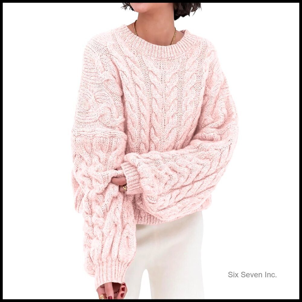Oversized Cable Knit Pullover Sweater Chunky Knit Crewneck Loose Fit Spring